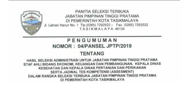 Pengumuman Hasil Seleksi Administrasi Jabatan Tinggi Pratama. Staf Ahli, Kadis Kesehatan Dan Kadis Pertanian